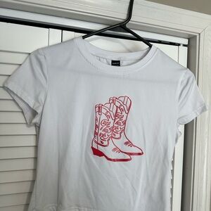White Tee with Red Cowboy Boot Design